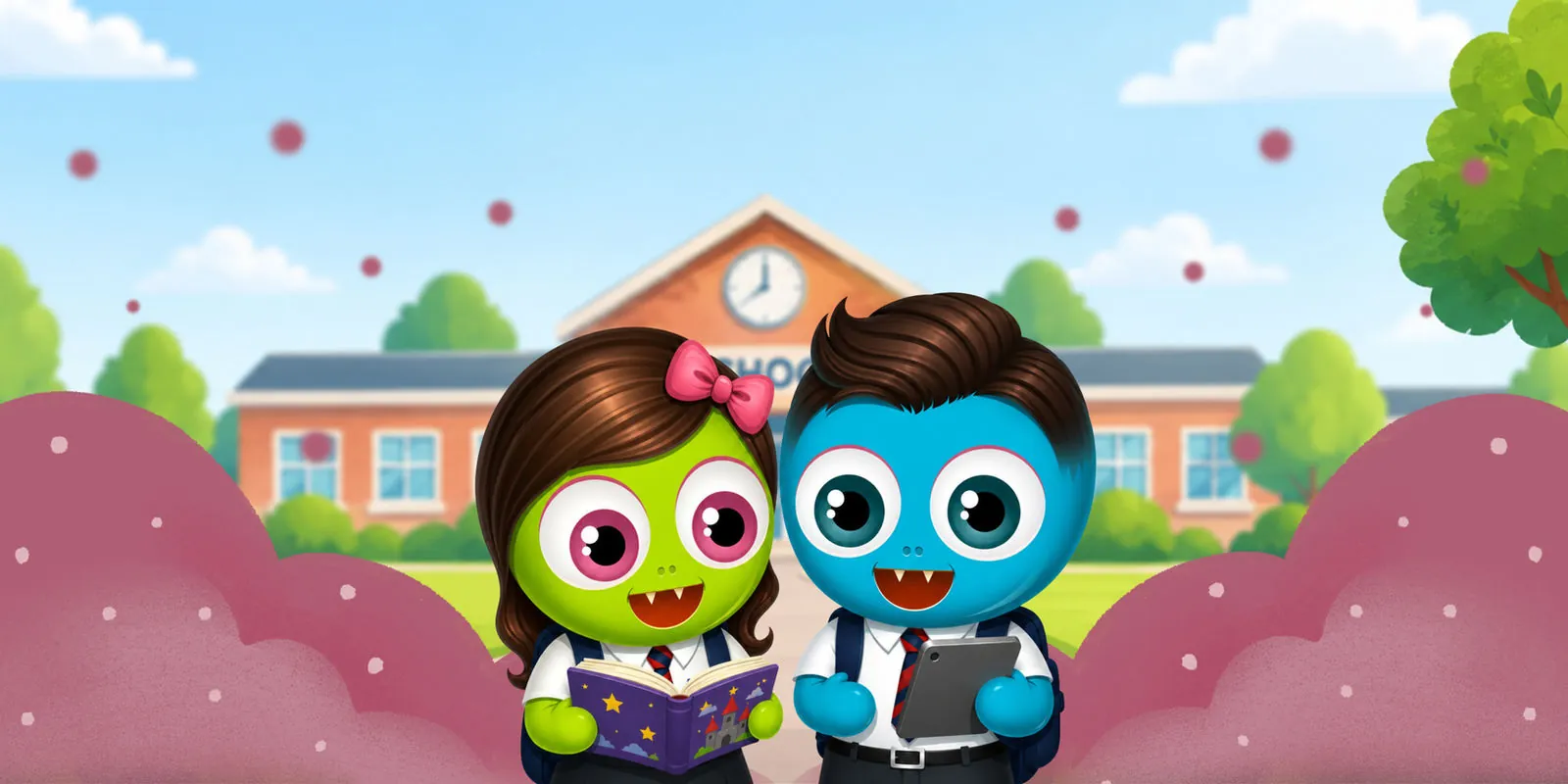 Two Boomer characters in school uniform outside a primary school, one reading a book and one holding a tablet